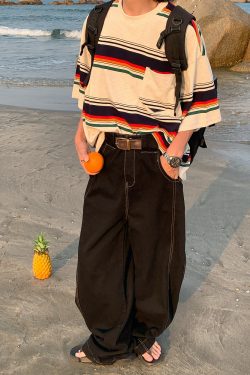 Handmade American Vintage Striped Short Sleeve T-Shirt for Men and Women, Casual Loose Round Neck Top, Summer Essential