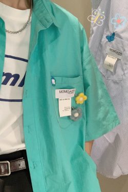 Handmade Brooch Flower Loose Shirt - Lake Blue Solid Color Short Sleeve Top for Students - Versatile Fashion Essential