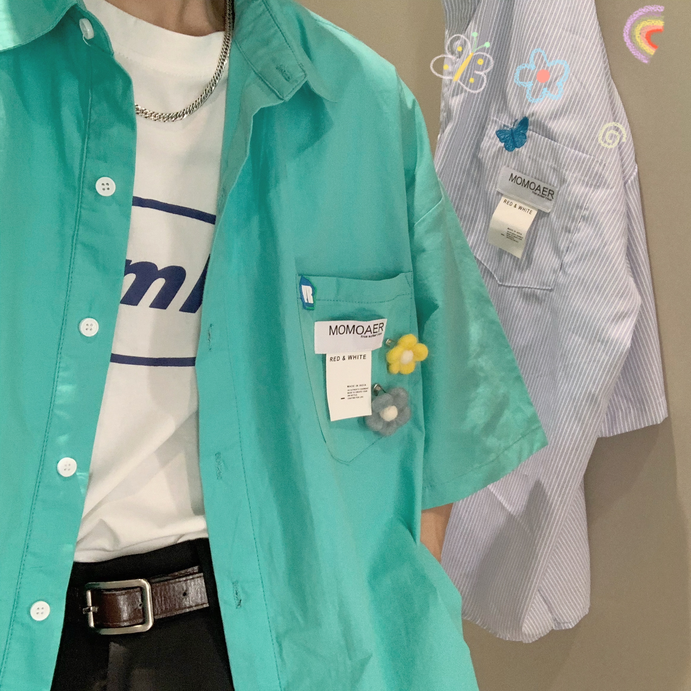 Handmade Brooch Flower Loose Shirt - Lake Blue Solid Color Short Sleeve Top for Students - Versatile Fashion Essential Handmade Brooch Flower Loose Shirt - Lake Blue Solid Color Short Sleeve Top for Students - Versatile Fashion Essential