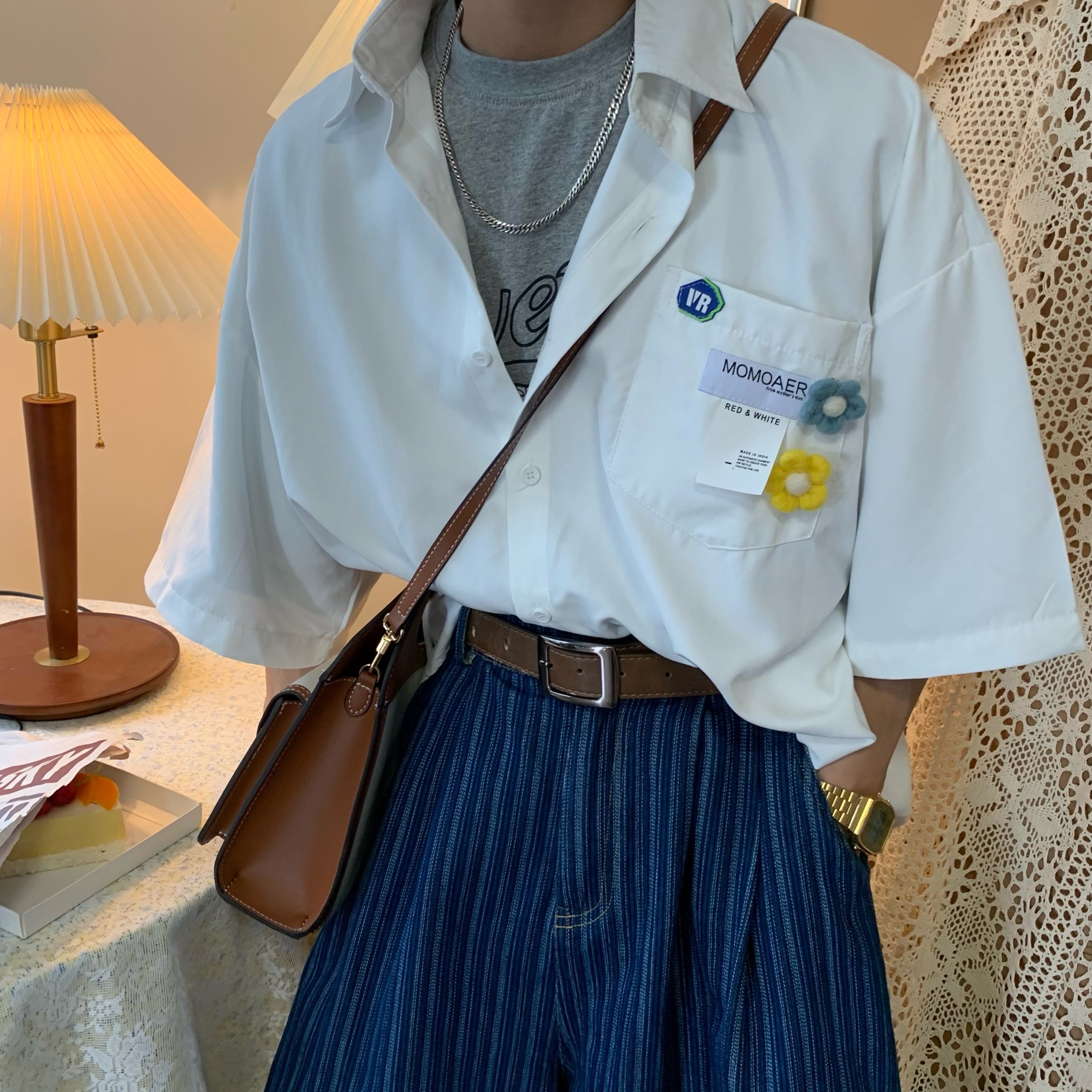 Handmade Brooch Flower Loose Shirt - Lake Blue Solid Color Short Sleeve Top for Students - Versatile Fashion Essential Handmade Brooch Flower Loose Shirt - Lake Blue Solid Color Short Sleeve Top for Students - Versatile Fashion Essential