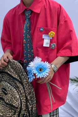 Handmade Brooch Flower Loose Shirt - Lake Blue Solid Color Short Sleeve Top for Students - Versatile Fashion Essential