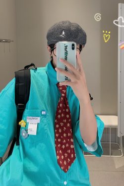 Handmade Brooch Flower Loose Shirt - Lake Blue Solid Color Short Sleeve Top for Students - Versatile Fashion Essential