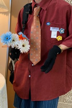 Handmade Brooch Flower Loose Shirt - Lake Blue Solid Color Short Sleeve Top for Students - Versatile Fashion Essential