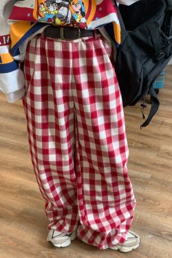 Handmade Color-Block Red Plaid Casual Wide-Leg Pants for Women - Vintage Inspired Loose Straight-Leg Floor-Length Trousers