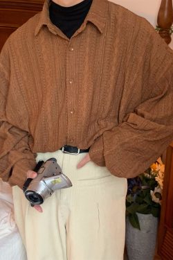 Handmade French Vintage Hollowed Long Sleeve Shirt - Autumn Lazy Style Loose Trendy Top for a Chic 90s-Inspired Look