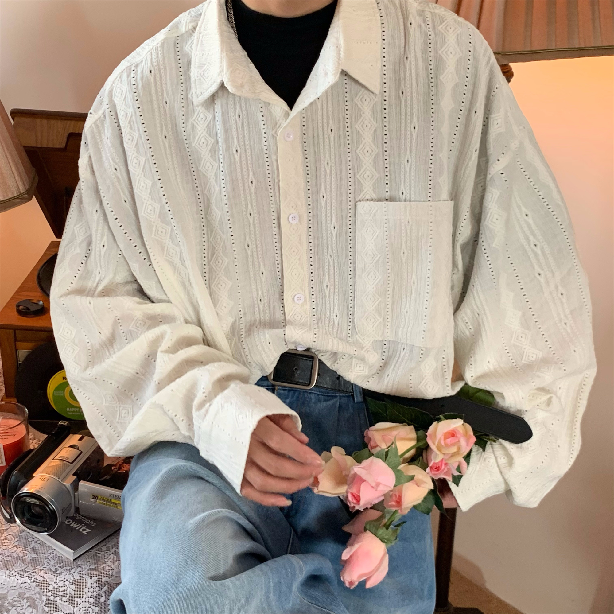 Handmade French Vintage Hollowed Long Sleeve Shirt - Autumn Lazy Style Loose Trendy Top for a Chic 90s-Inspired Look Handmade French Vintage Hollowed Long Sleeve Shirt - Autumn Lazy Style Loose Trendy Top for a Chic 90s-Inspired Look