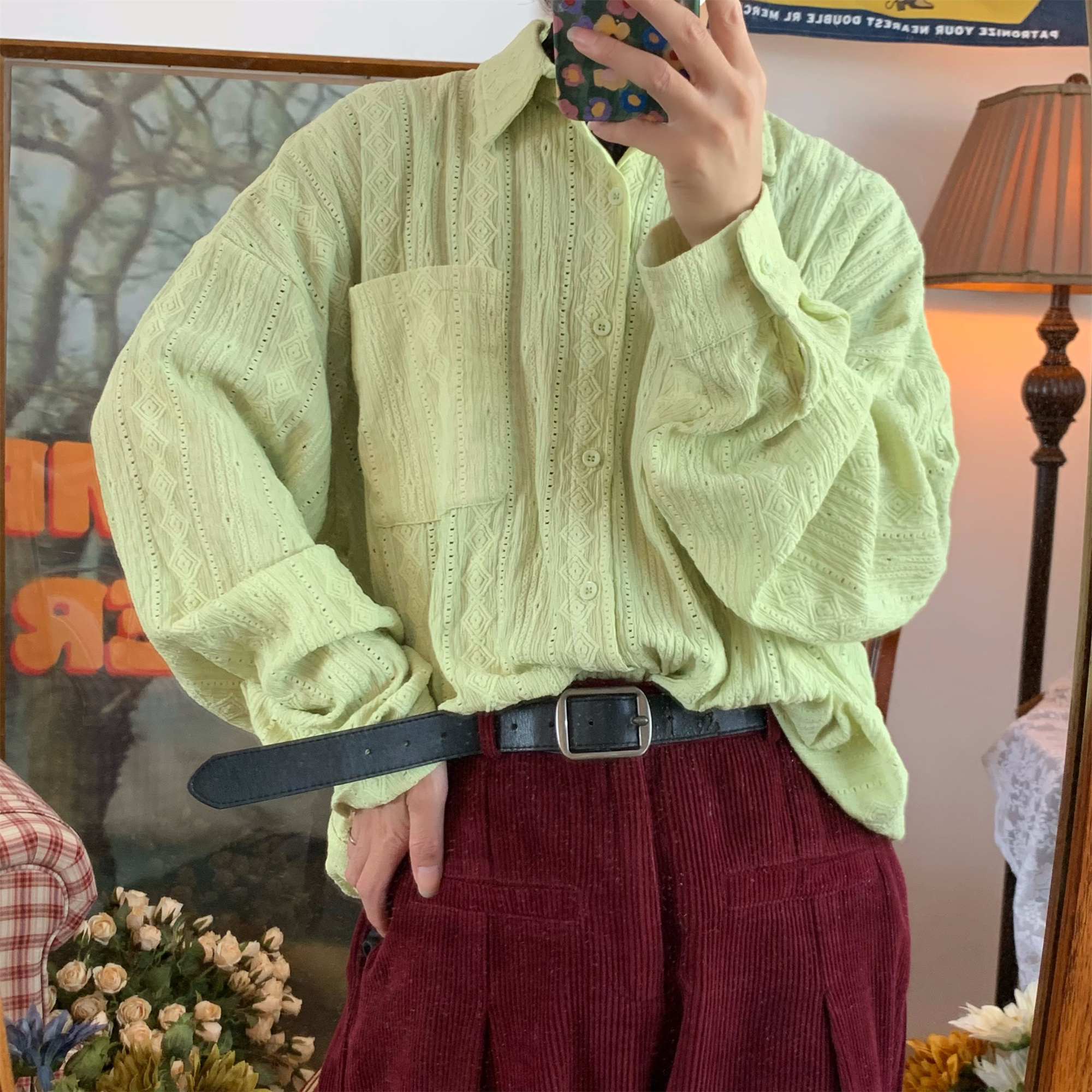 Handmade French Vintage Hollowed Long Sleeve Shirt - Autumn Lazy Style Loose Trendy Top for a Chic 90s-Inspired Look Handmade French Vintage Hollowed Long Sleeve Shirt - Autumn Lazy Style Loose Trendy Top for a Chic 90s-Inspired Look