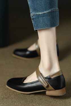 Handmade Genuine Leather Color-Blocked Mary Jane Shoes for Women, Retro Low-Heeled Flats for Spring and Autumn 2025