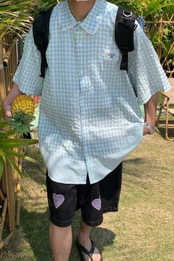 Handmade Japanese Retro Plaid Short Sleeve Shirt with Lace Trim for Women - Summer Loose Puff Sleeve Top