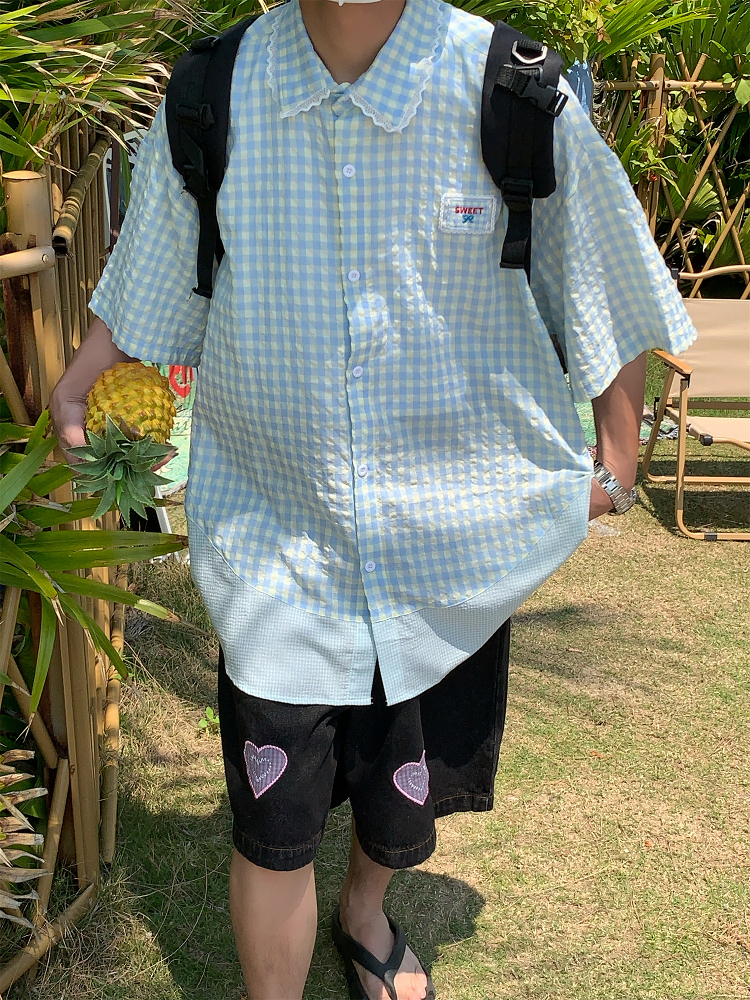 Handmade Japanese Retro Plaid Short Sleeve Shirt with Lace Trim for Women - Summer Loose Puff Sleeve Top Handmade Japanese Retro Plaid Short Sleeve Shirt with Lace Trim for Women - Summer Loose Puff Sleeve Top