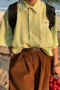 Handmade Japanese Retro Plaid Short Sleeve Shirt with Lace Trim for Women - Summer Loose Puff Sleeve Top