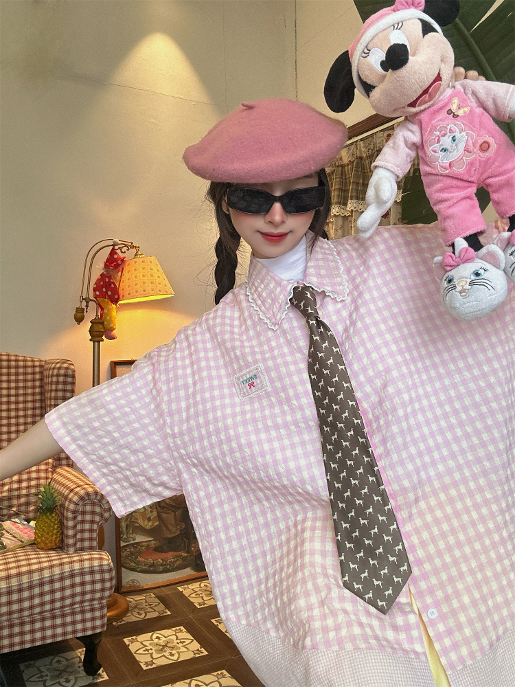 Handmade Japanese Retro Plaid Short Sleeve Shirt with Lace Trim for Women - Summer Loose Puff Sleeve Top Handmade Japanese Retro Plaid Short Sleeve Shirt with Lace Trim for Women - Summer Loose Puff Sleeve Top