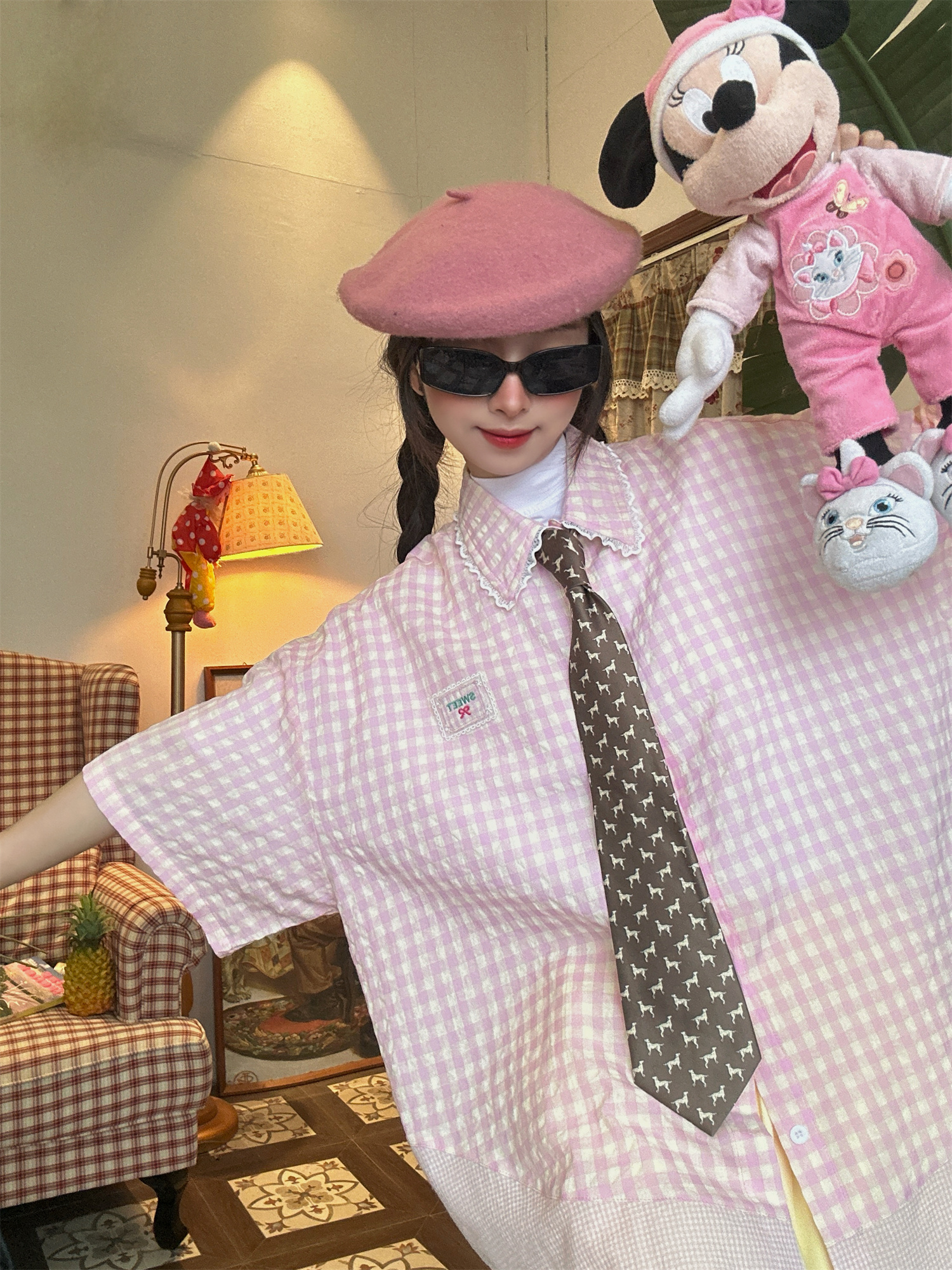 Handmade Japanese Retro Plaid Short Sleeve Shirt with Lace Trim for Women - Summer Loose Puff Sleeve Top Handmade Japanese Retro Plaid Short Sleeve Shirt with Lace Trim for Women - Summer Loose Puff Sleeve Top