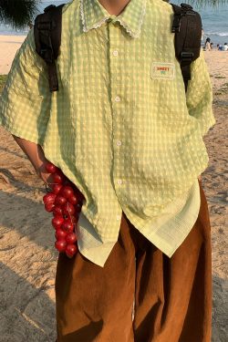 Handmade Japanese Retro Plaid Short Sleeve Shirt with Lace Trim for Women - Summer Loose Puff Sleeve Top