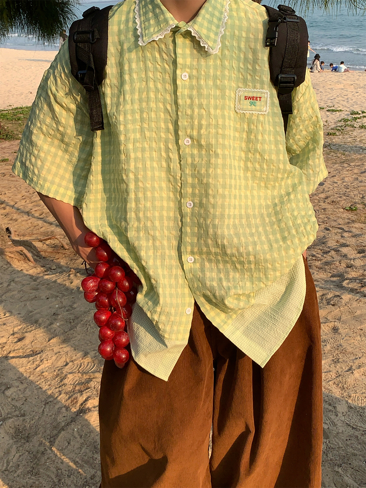 Handmade Japanese Retro Plaid Short Sleeve Shirt with Lace Trim for Women - Summer Loose Puff Sleeve Top Handmade Japanese Retro Plaid Short Sleeve Shirt with Lace Trim for Women - Summer Loose Puff Sleeve Top