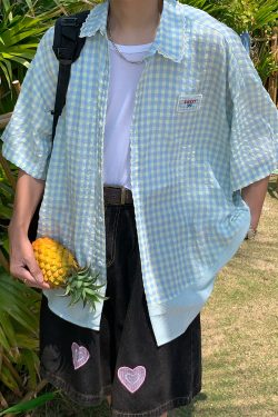 Handmade Japanese Retro Plaid Short Sleeve Shirt with Lace Trim for Women - Summer Loose Puff Sleeve Top