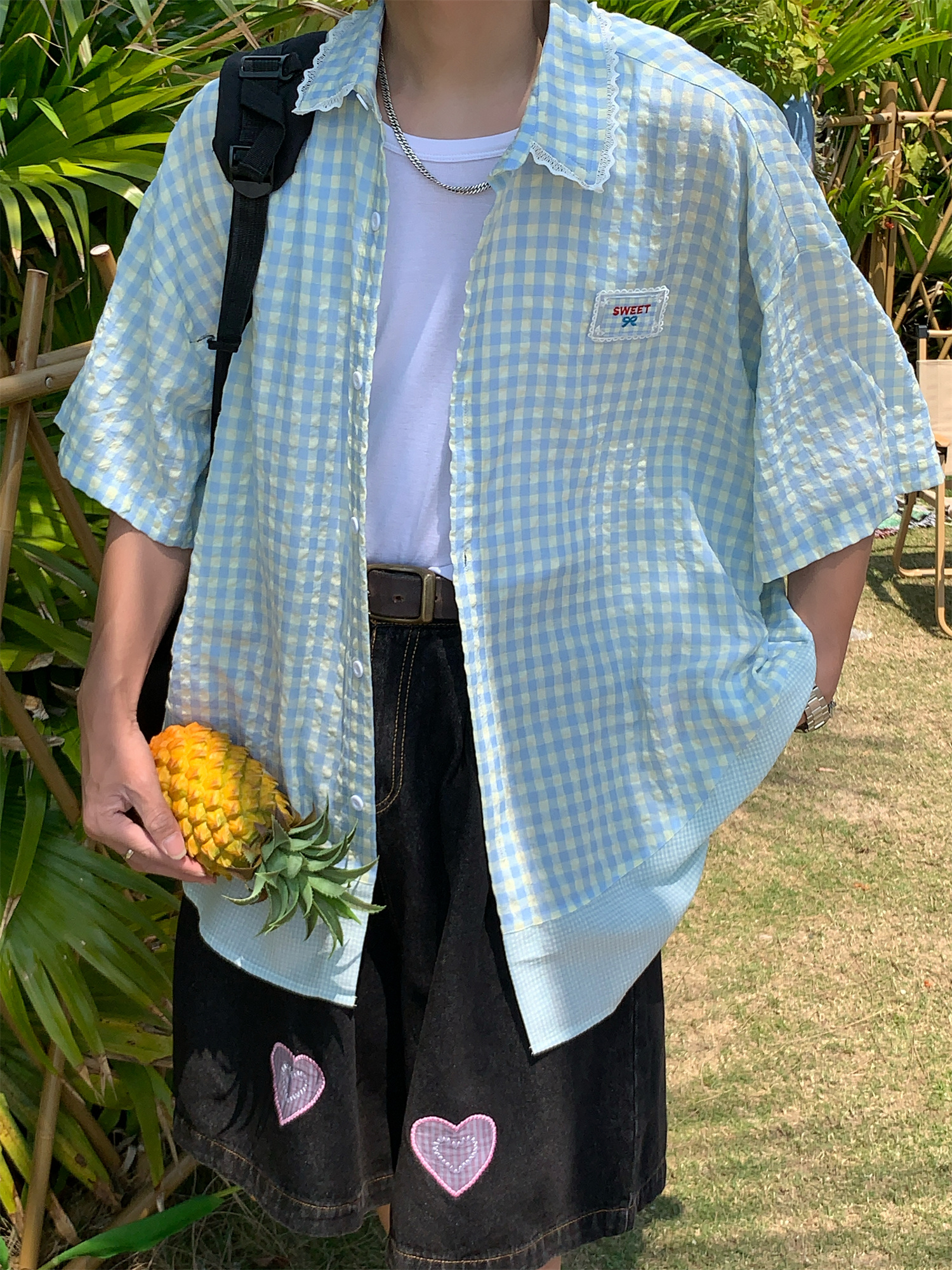 Handmade Japanese Retro Plaid Short Sleeve Shirt with Lace Trim for Women - Summer Loose Puff Sleeve Top Handmade Japanese Retro Plaid Short Sleeve Shirt with Lace Trim for Women - Summer Loose Puff Sleeve Top