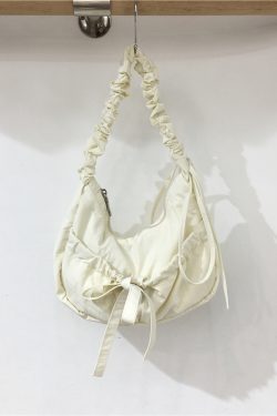 Handmade Pleated Nylon Drawstring Bag with Bow - Ballet Girl Style Crossbody Underarm Bag