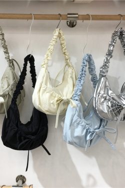 Handmade Pleated Nylon Drawstring Bag with Bow - Ballet Girl Style Crossbody Underarm Bag