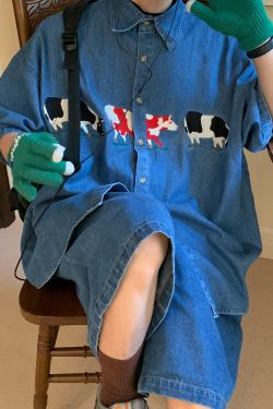 Handmade Retro Cow Embroidery Washed Denim Short Sleeve Shirt for Couples - 2025 Summer Streetwear Fashion