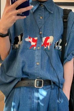 Handmade Retro Cow Embroidery Washed Denim Short Sleeve Shirt for Couples - 2025 Summer Streetwear Fashion