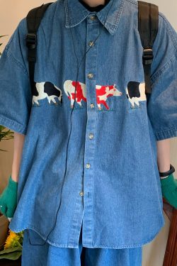 Handmade Retro Cow Embroidery Washed Denim Short Sleeve Shirt for Couples - 2025 Summer Streetwear Fashion
