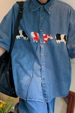 Handmade Retro Cow Embroidery Washed Denim Short Sleeve Shirt for Couples - 2025 Summer Streetwear Fashion