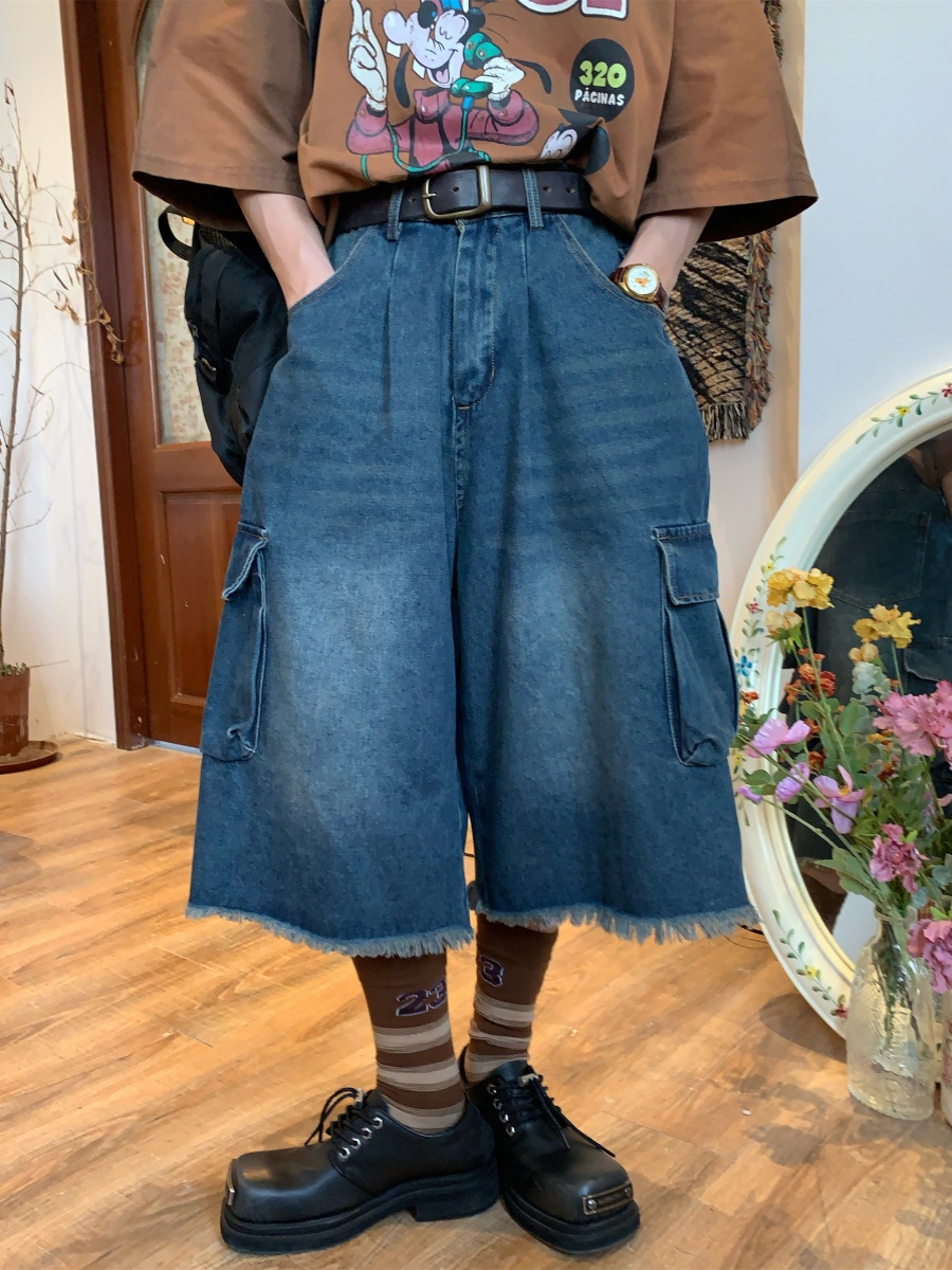 Handmade Retro Denim Workwear Capris with Big Pockets, Cat Whiskers, Versatile Wide-Leg Straight Embroidered Loose Pants for Y2K Style Handmade Retro Denim Workwear Capris with Big Pockets, Cat Whiskers, Versatile Wide-Leg Straight Embroidered Loose Pants for Y2K Style