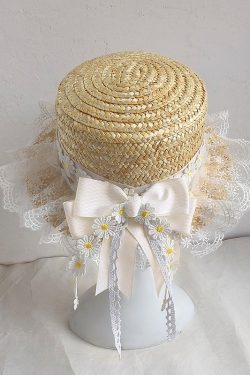 Handmade Straw Hat with Flowing Ribbons and Lace Sunshade Bow for JK Uniform Accessories - Cute Pudding Bear Style