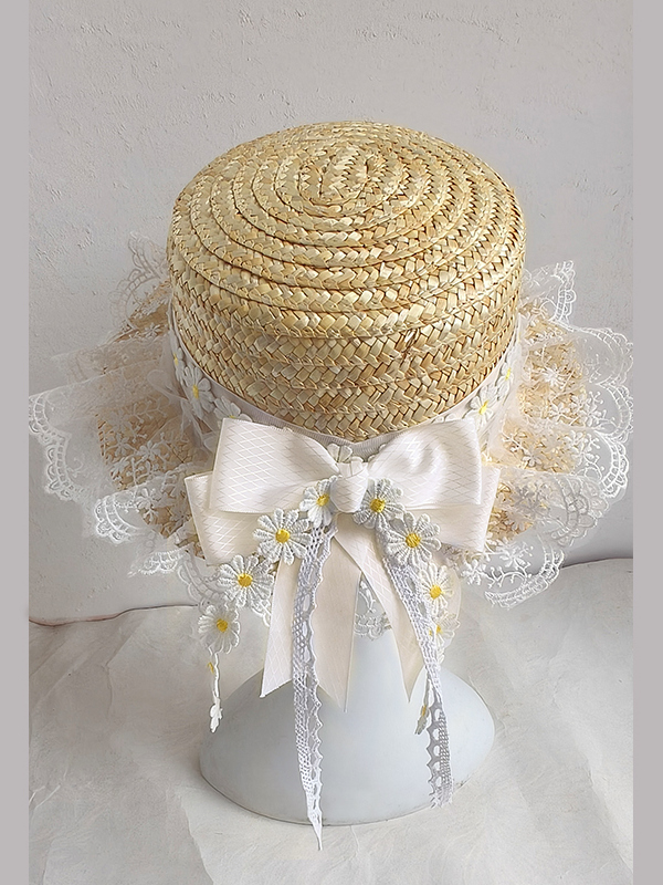 Handmade Straw Hat with Flowing Ribbons and Lace Sunshade Bow for JK Uniform Accessories - Cute Pudding Bear Style Handmade Straw Hat with Flowing Ribbons and Lace Sunshade Bow for JK Uniform Accessories - Cute Pudding Bear Style