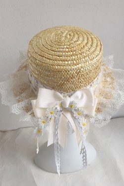 Handmade Straw Hat with Flowing Ribbons and Lace Sunshade Bow for JK Uniform Accessories - Cute Pudding Bear Style