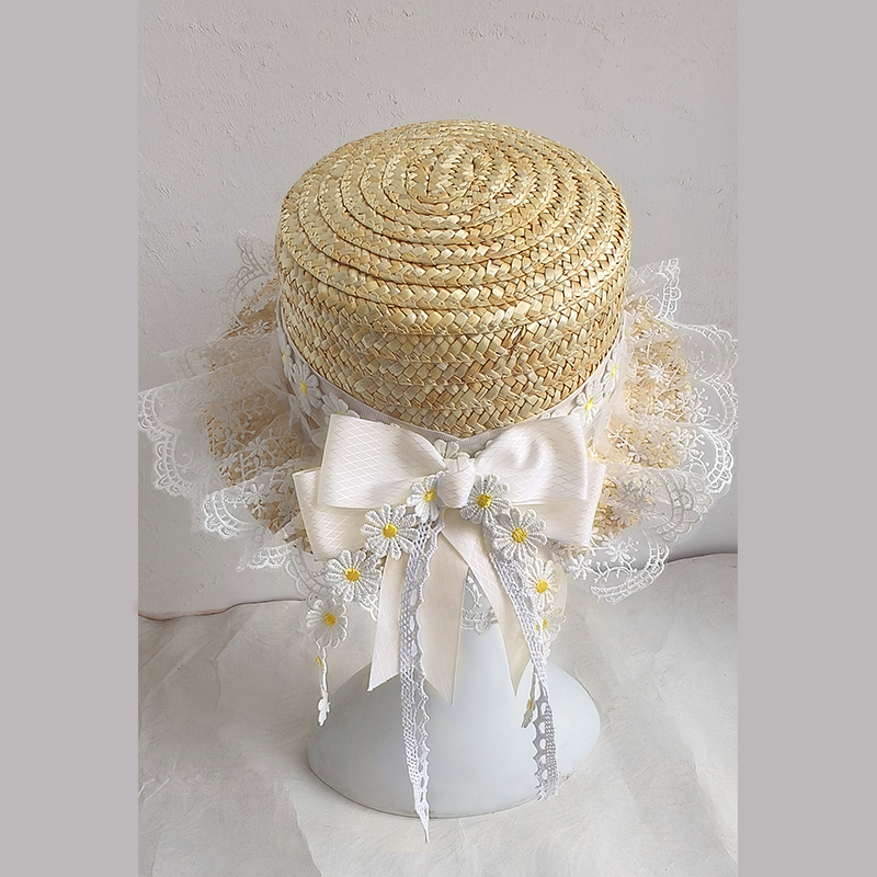 Handmade Straw Hat with Flowing Ribbons and Lace Sunshade Bow for JK Uniform Accessories - Cute Pudding Bear Style Handmade Straw Hat with Flowing Ribbons and Lace Sunshade Bow for JK Uniform Accessories - Cute Pudding Bear Style