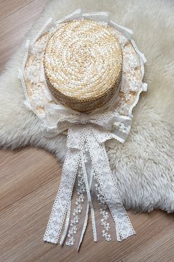 Handmade Straw Hat with Flowing Ribbons and Lace Sunshade Bow for JK Uniform Accessories - Cute Pudding Bear Style