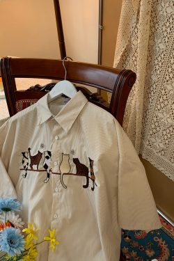 Handmade Striped Cat Embroidery Vintage Shirt - Trendy Retro Summer Top for Couples - Short Sleeve Hong Kong Style Fashion