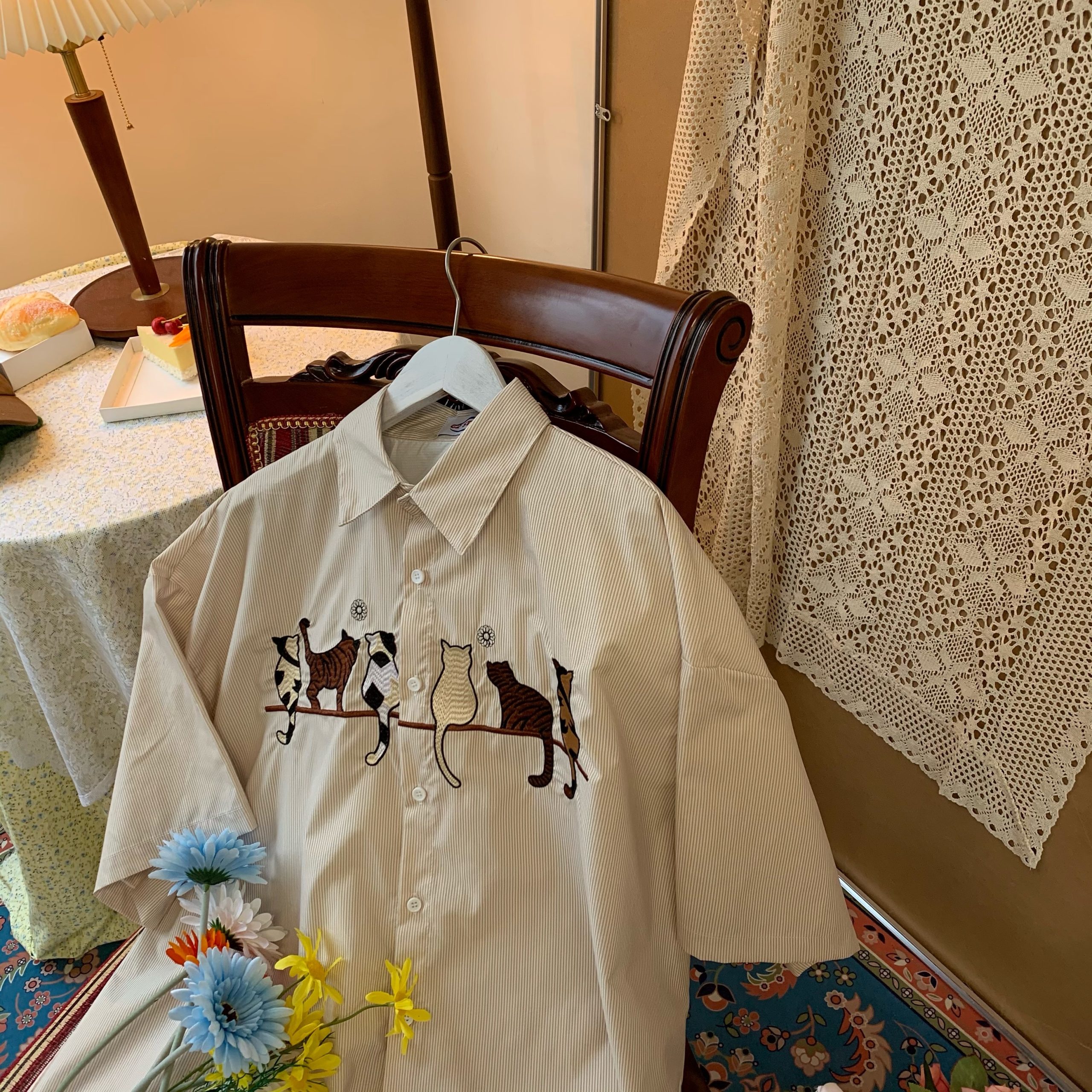 Handmade Striped Cat Embroidery Vintage Shirt - Trendy Retro Summer Top for Couples - Short Sleeve Hong Kong Style Fashion Handmade Striped Cat Embroidery Vintage Shirt - Trendy Retro Summer Top for Couples - Short Sleeve Hong Kong Style Fashion