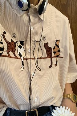 Handmade Striped Cat Embroidery Vintage Shirt - Trendy Retro Summer Top for Couples - Short Sleeve Hong Kong Style Fashion