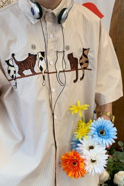 Handmade Striped Cat Embroidery Vintage Shirt - Trendy Retro Summer Top for Couples - Short Sleeve Hong Kong Style Fashion