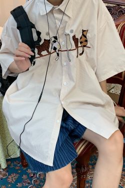 Handmade Striped Cat Embroidery Vintage Shirt - Trendy Retro Summer Top for Couples - Short Sleeve Hong Kong Style Fashion