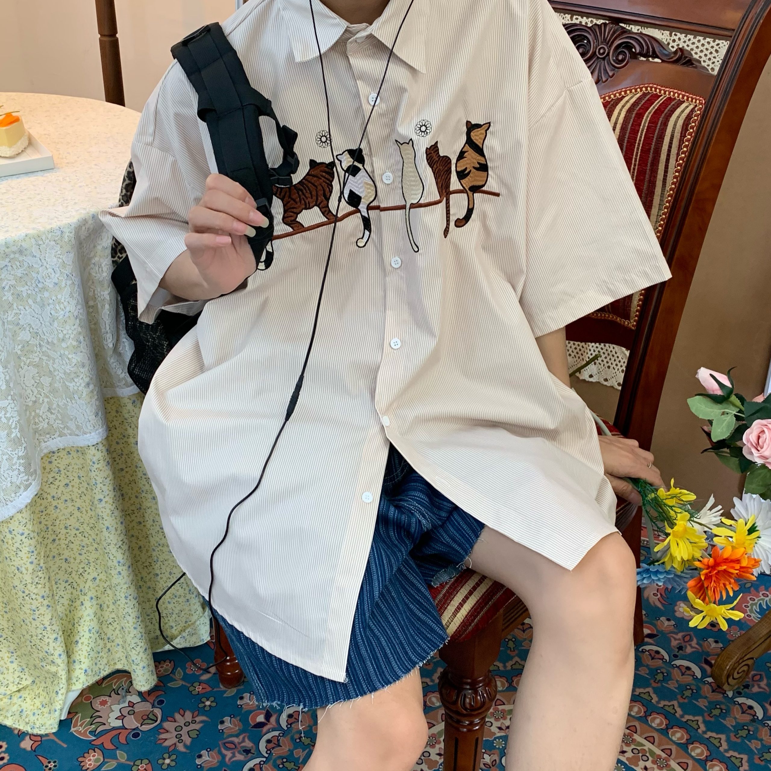 Handmade Striped Cat Embroidery Vintage Shirt - Trendy Retro Summer Top for Couples - Short Sleeve Hong Kong Style Fashion Handmade Striped Cat Embroidery Vintage Shirt - Trendy Retro Summer Top for Couples - Short Sleeve Hong Kong Style Fashion