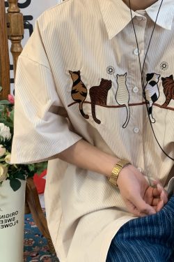 Handmade Striped Cat Embroidery Vintage Shirt - Trendy Retro Summer Top for Couples - Short Sleeve Hong Kong Style Fashion