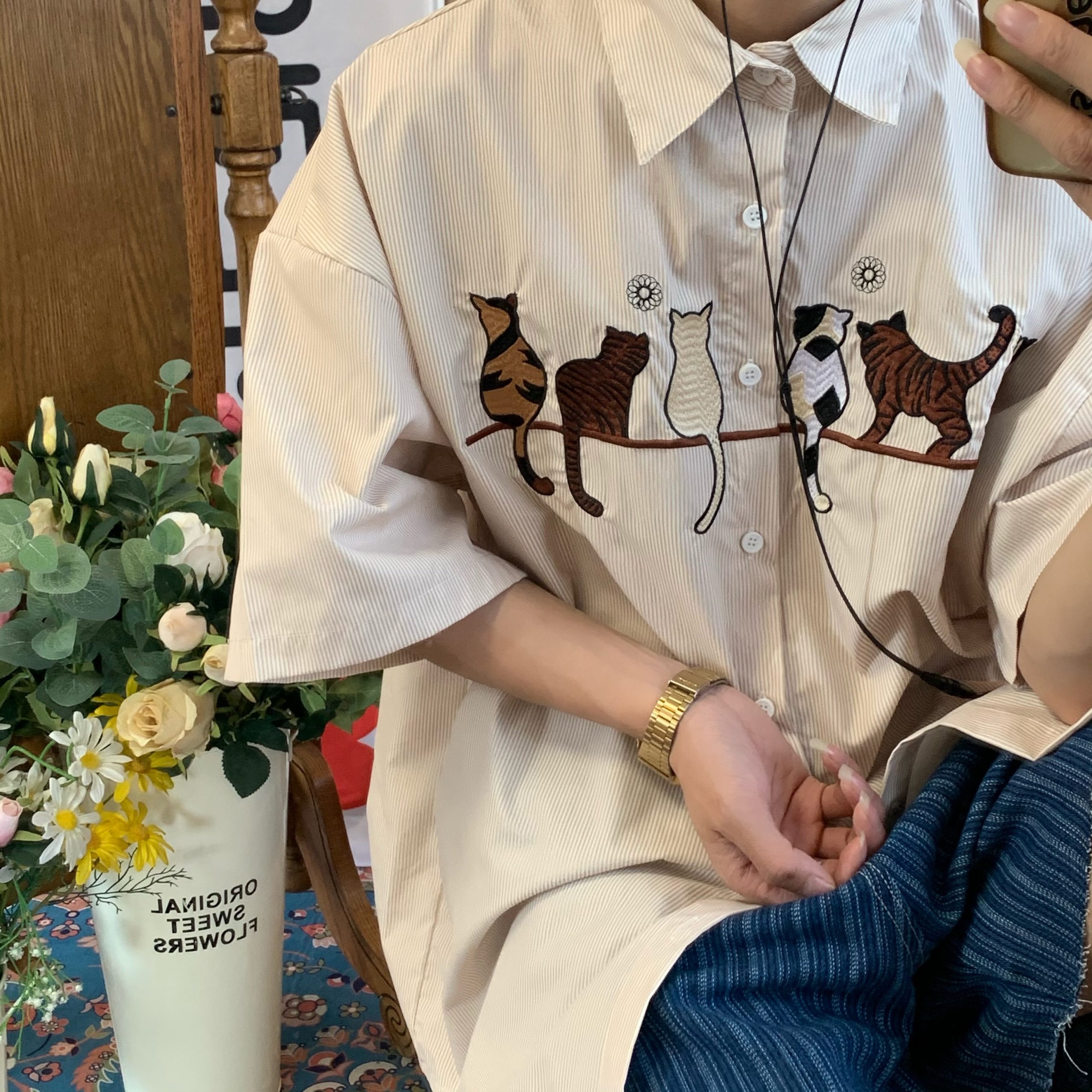 Handmade Striped Cat Embroidery Vintage Shirt - Trendy Retro Summer Top for Couples - Short Sleeve Hong Kong Style Fashion Handmade Striped Cat Embroidery Vintage Shirt - Trendy Retro Summer Top for Couples - Short Sleeve Hong Kong Style Fashion