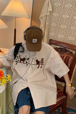 Handmade Striped Cat Embroidery Vintage Shirt - Trendy Retro Summer Top for Couples - Short Sleeve Hong Kong Style Fashion