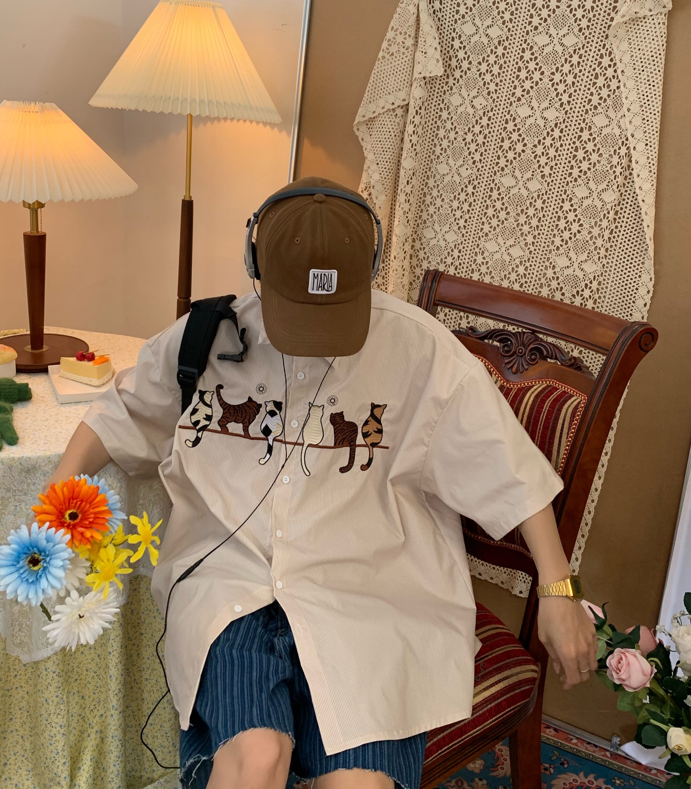 Handmade Striped Cat Embroidery Vintage Shirt - Trendy Retro Summer Top for Couples - Short Sleeve Hong Kong Style Fashion Handmade Striped Cat Embroidery Vintage Shirt - Trendy Retro Summer Top for Couples - Short Sleeve Hong Kong Style Fashion