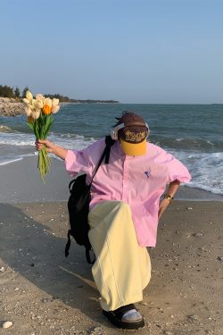 Handmade Vertical Striped Short Sleeve Shirt with Small Embroidery for Couples - Casual Summer Loose Fit Top