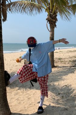 Handmade Vertical Striped Short Sleeve Shirt with Small Embroidery for Couples - Casual Summer Loose Fit Top