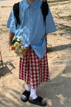 Handmade Vertical Striped Short Sleeve Shirt with Small Embroidery for Couples - Casual Summer Loose Fit Top