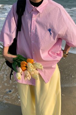 Handmade Vertical Striped Short Sleeve Shirt with Small Embroidery for Couples - Casual Summer Loose Fit Top