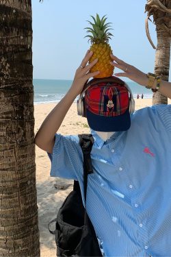 Handmade Vertical Striped Short Sleeve Shirt with Small Embroidery for Couples - Casual Summer Loose Fit Top