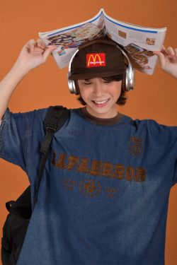 Handmade Vintage Denim Round Neck Distressed Loose Short Sleeve T-Shirt for Couples - Trendy Hip-Hop Unisex Style