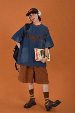 Handmade Vintage Denim Round Neck Distressed Loose Short Sleeve T-Shirt for Couples - Trendy Hip-Hop Unisex Style